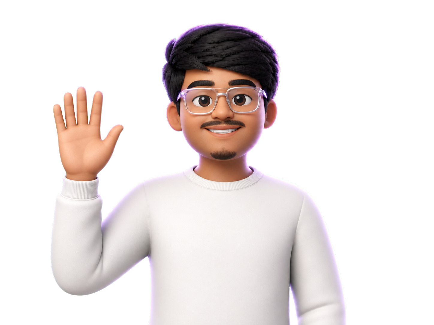 Stylized 3D character of Jagrat Patel wearing white and waving hello